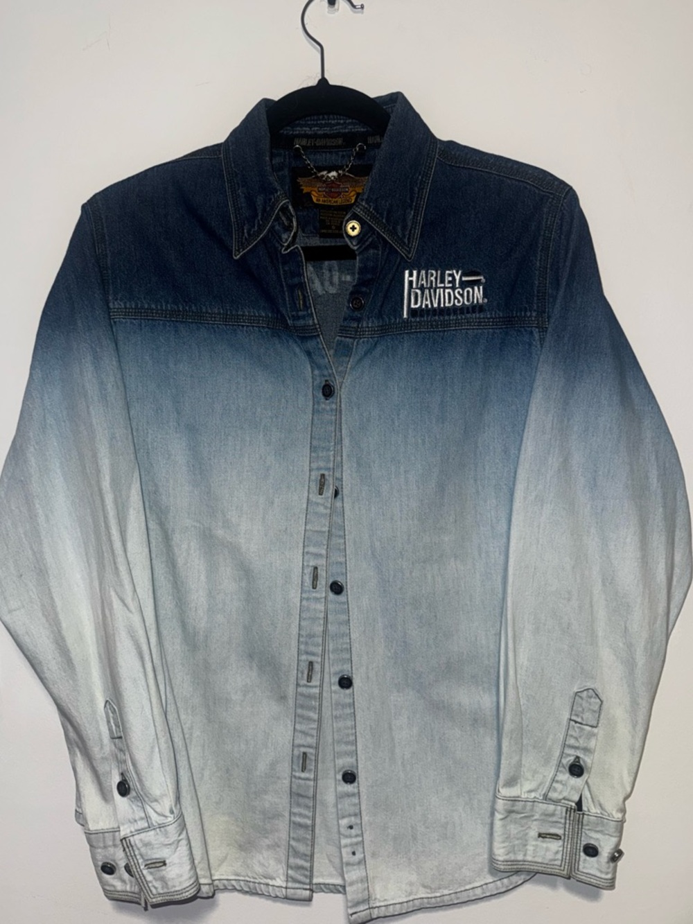 Harley-Davidson Blue Denim Shirt with White Embroidered Logo and Metal Chain